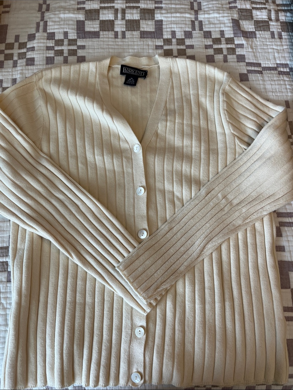 Lands' End Women's Ivory Ribbed Button-Front Cardigan